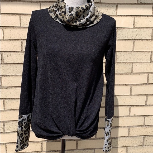 Black Leopard Animal Print Cowl Neck Knit Top - Picture 2 of 9